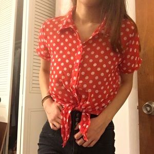 Red and White Polka Dot Button Up top